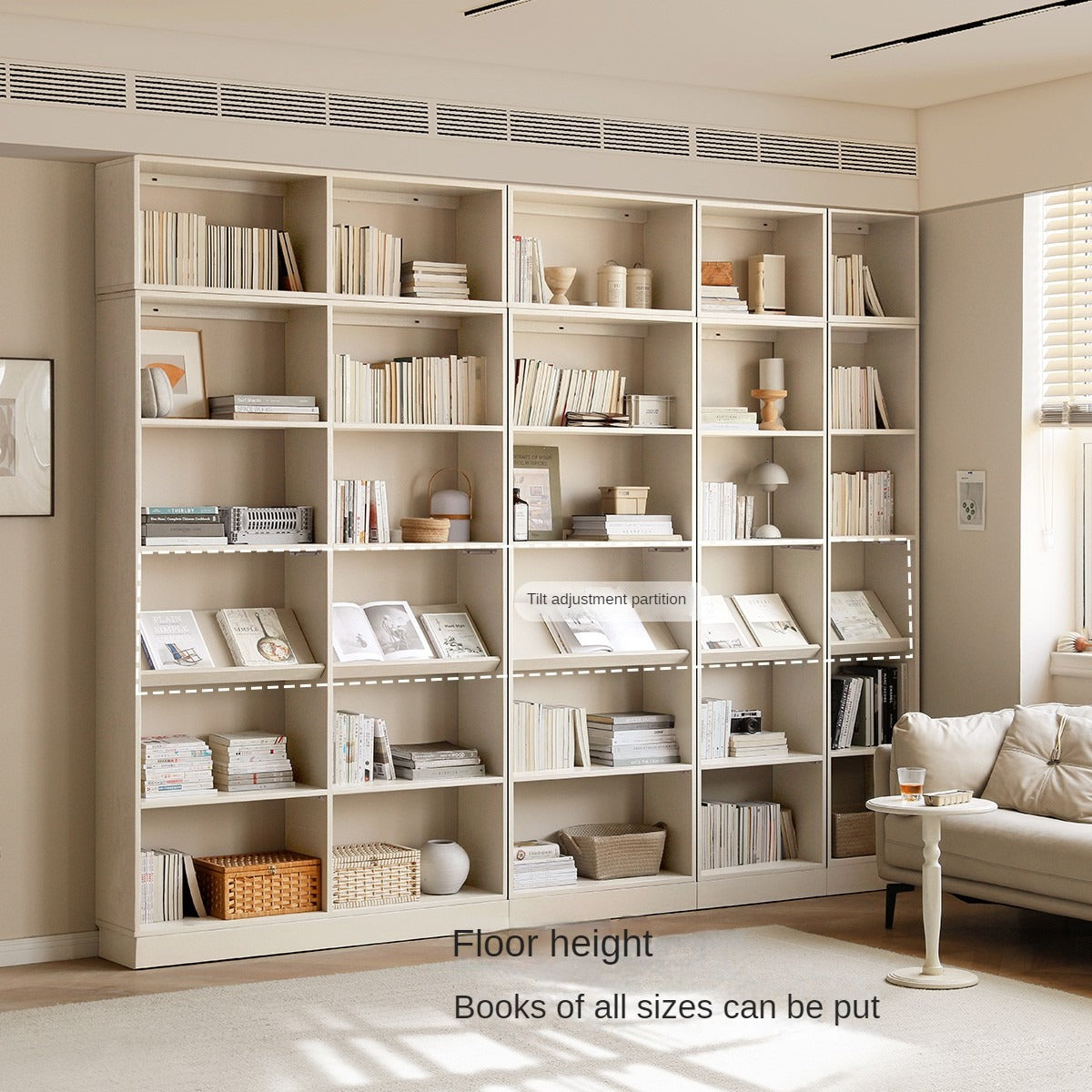 Oak solid wood bookshelf storage rack cream style full wall cabinet"