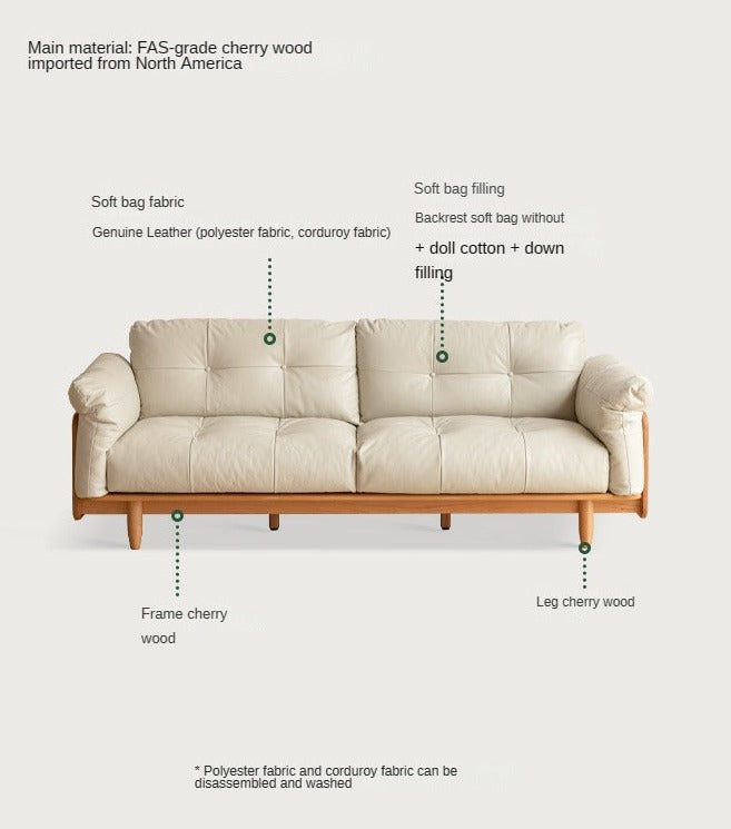 Cherry Wood Genuine Leather Down Straight Row Sofa"