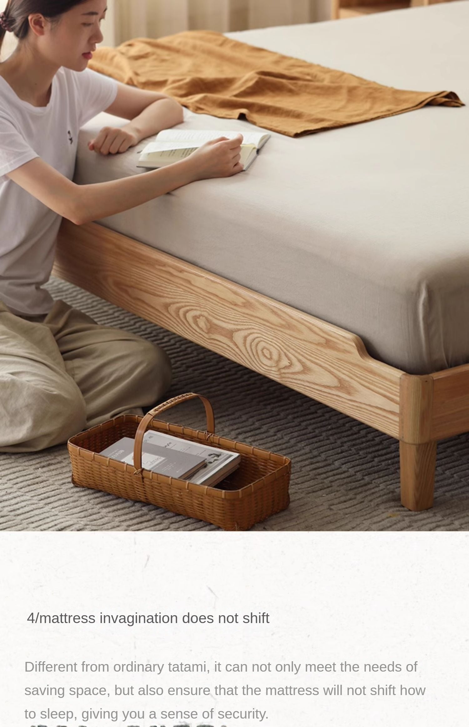 Ash Solid Wood Platform Bed, Headboard-Free Bed