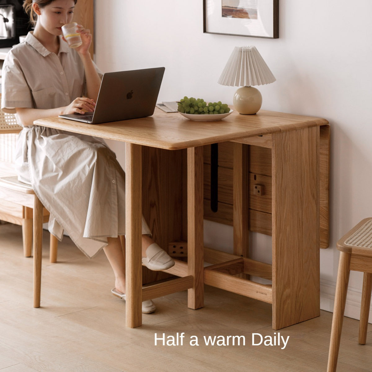 Oak solid wood folding table, retractable dining table