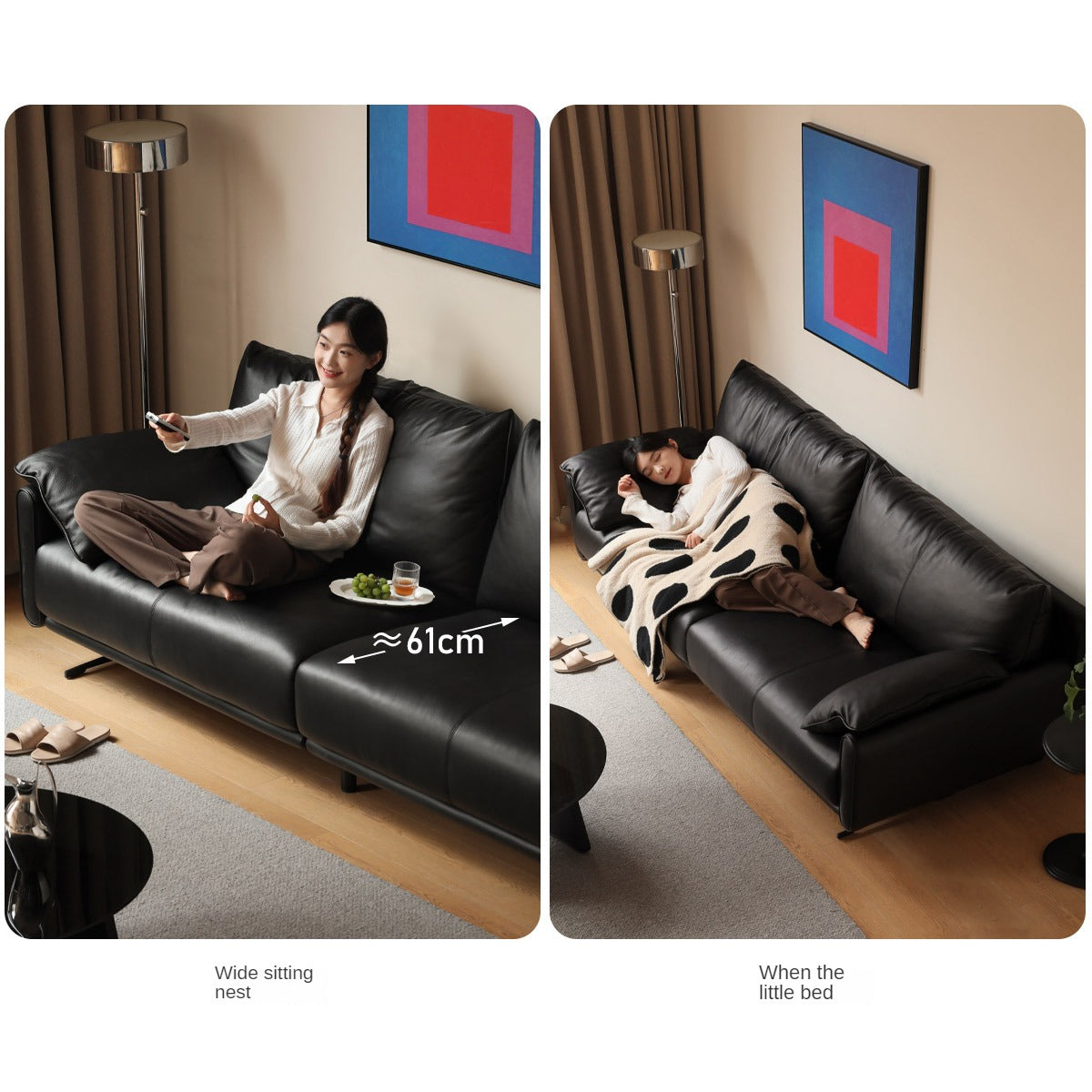 Leather sofa cowhide straight black Italian sofa