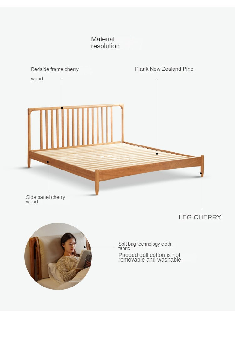 Cherry solid wood technology cloth soft back bed retro style<