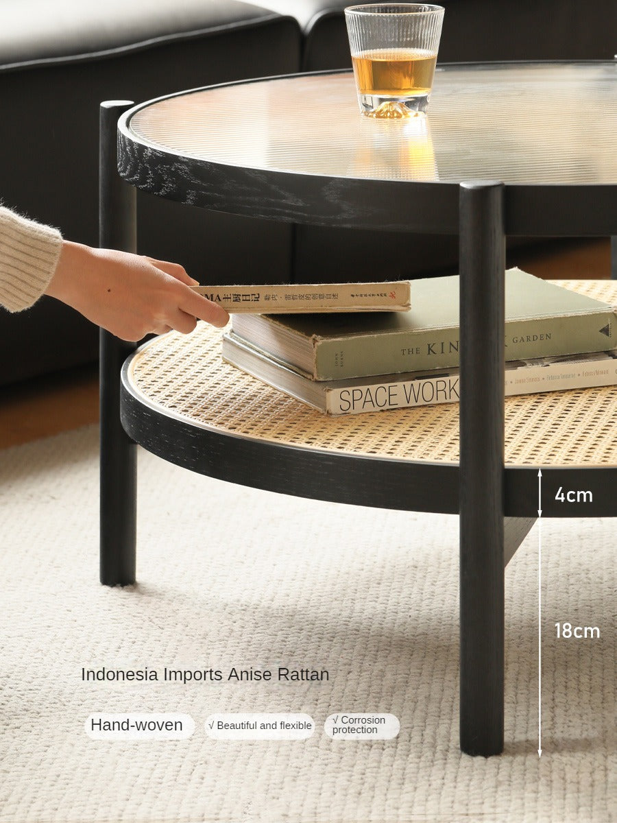 Oak Solid Wood Rattan Black Glass Round Coffee Table