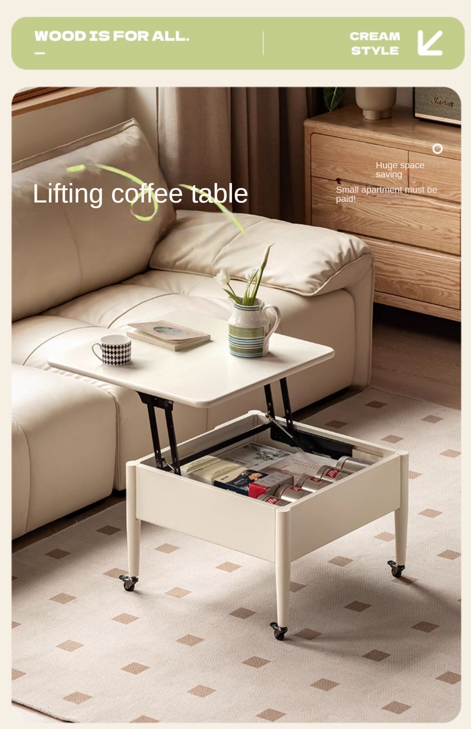 Poplar Solid Wood Lifting Cream Style Mobile Coffee Table-