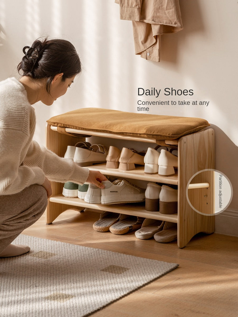 Pine solid wood shoe bench multi-layer log shoe rack: