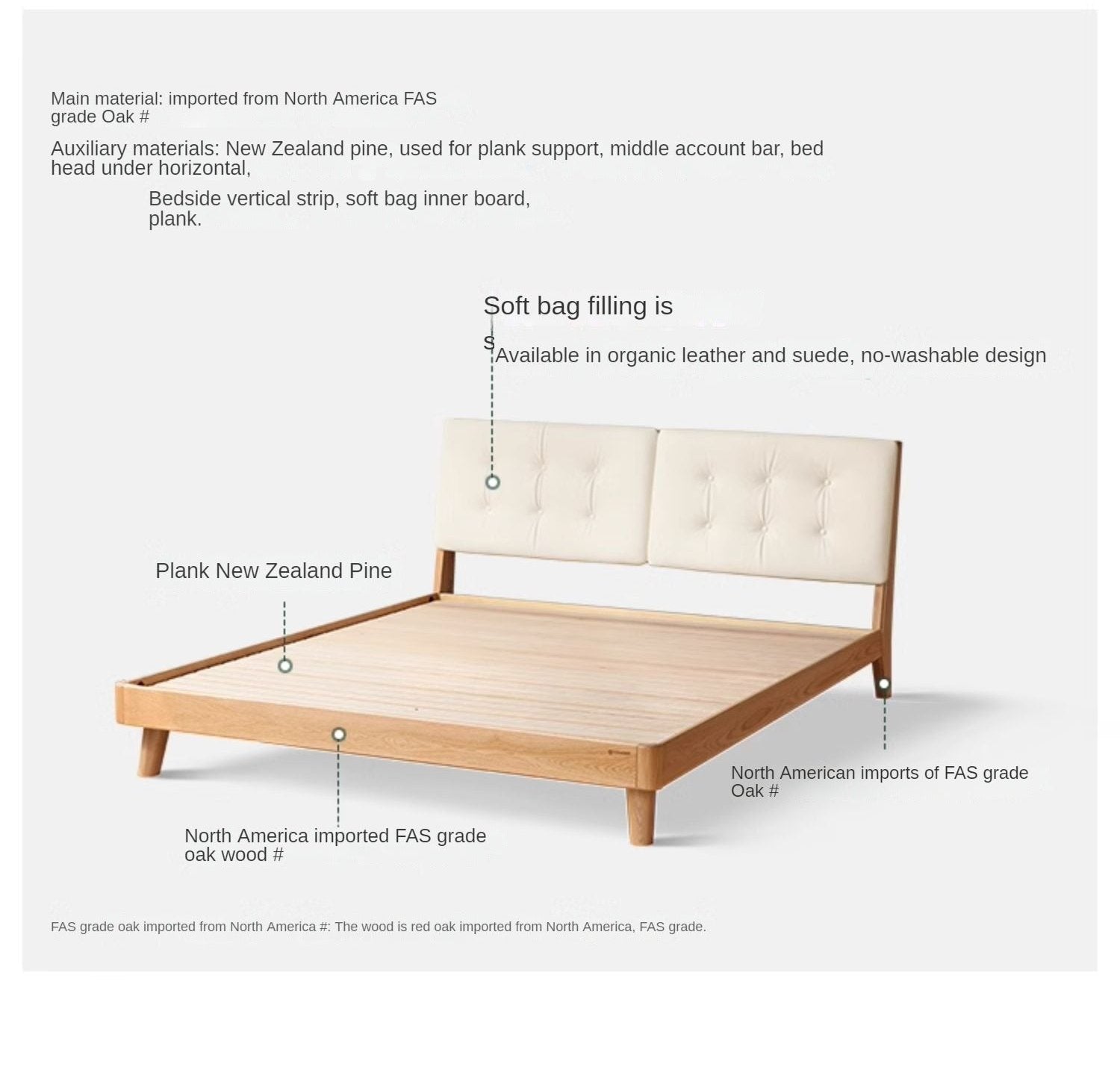 Oak solid wood leather soft bed cream style<