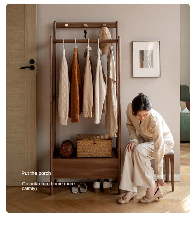 Black Walnut Solid Wood Floor to Floor Clothes Storage Rack<