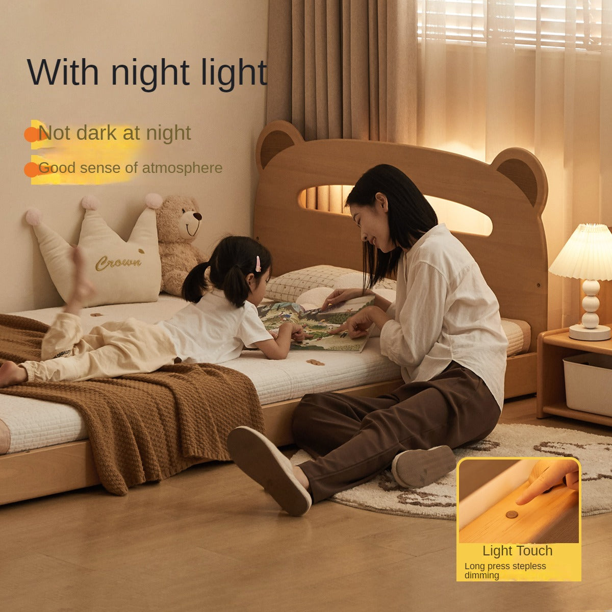 Beech solid wood children's guardrail bed with light