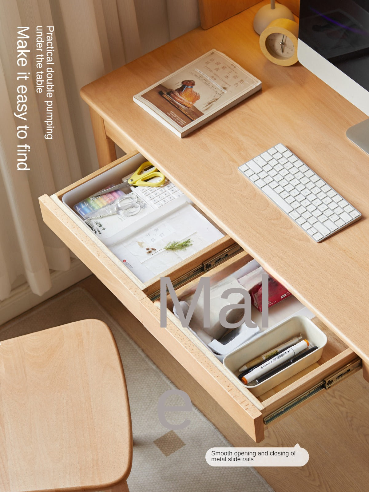 Beech solid wood office desk and bookshelf integrated Nordic -