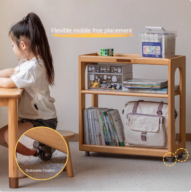 Beech Solid Wood Children's Under-Table Bookcase with Wheels