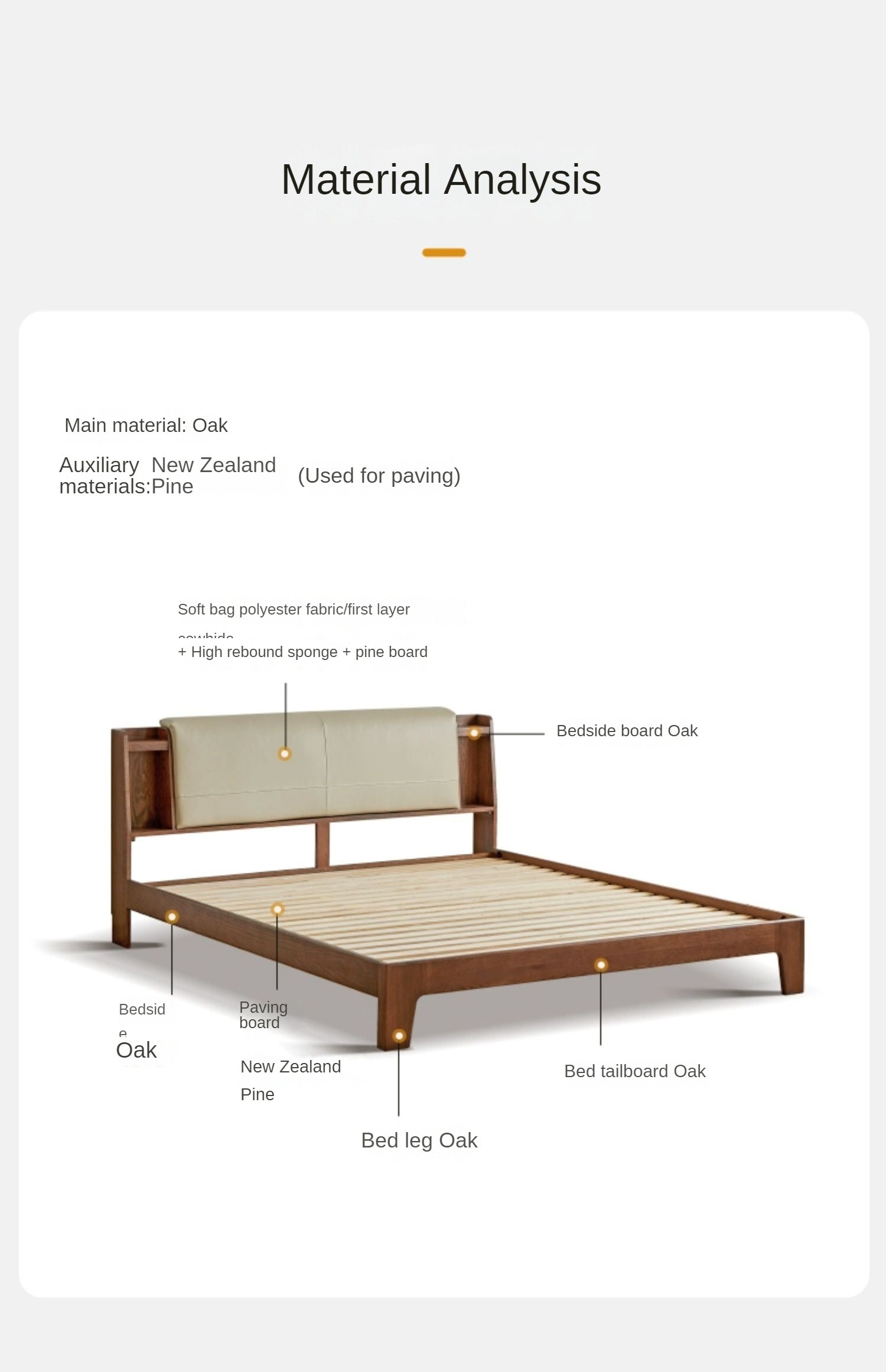 Oak Solid wood luminous bed with shelf genuine leather, technical fabric"