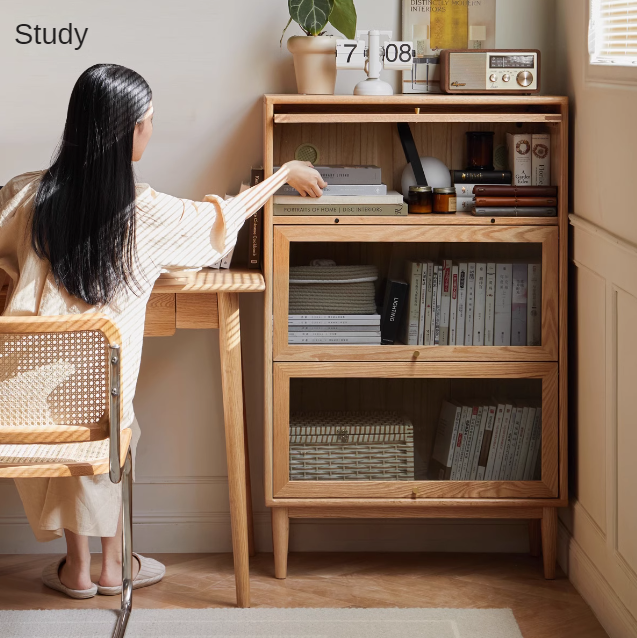 Oak Solid Wood Multi layer Flip Door Glass Bookcase