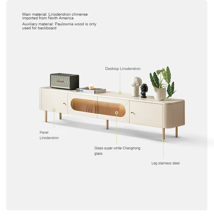 Poplar Solid Wood LED light Cream style TV Cabinet,