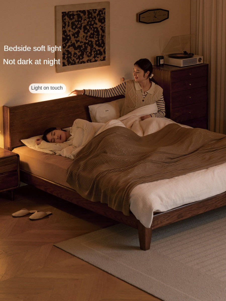Modern oak solid wood Walnut color bed LED night lights+