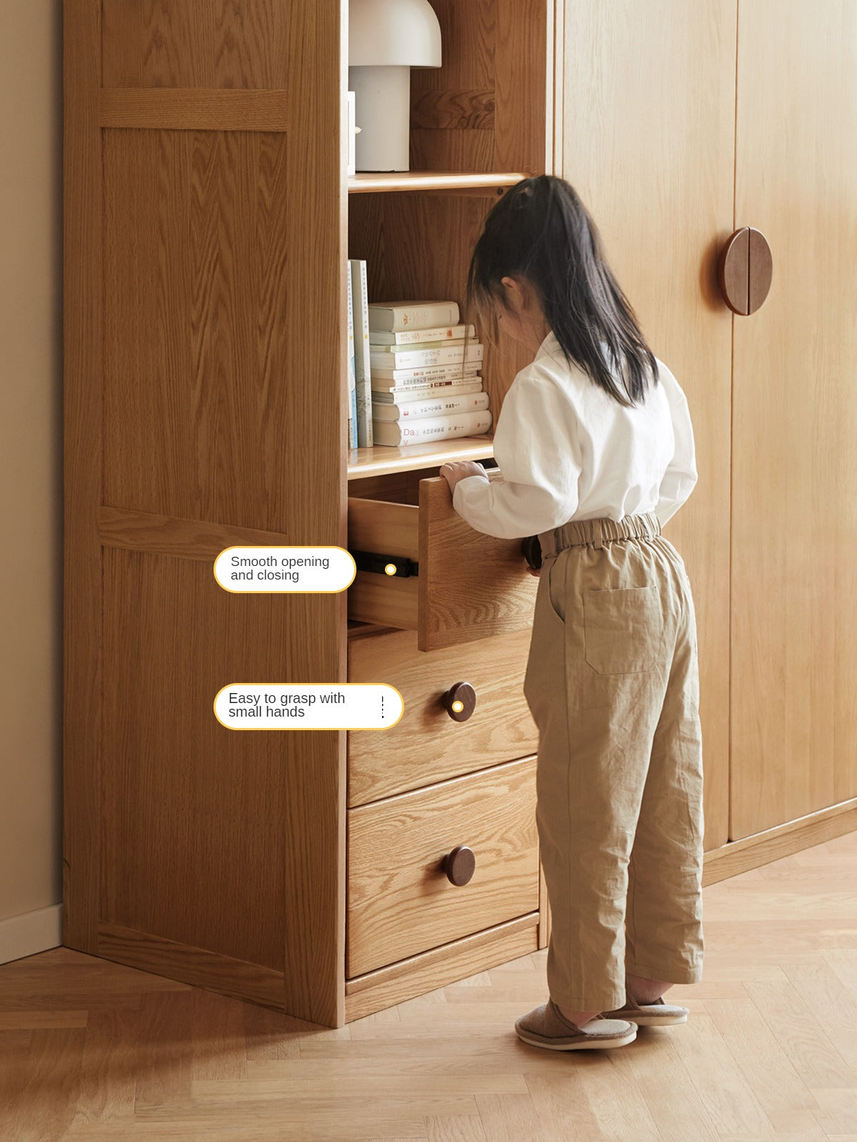Oak Solid Wood Children's Wardrobe, Bookcase Combination
