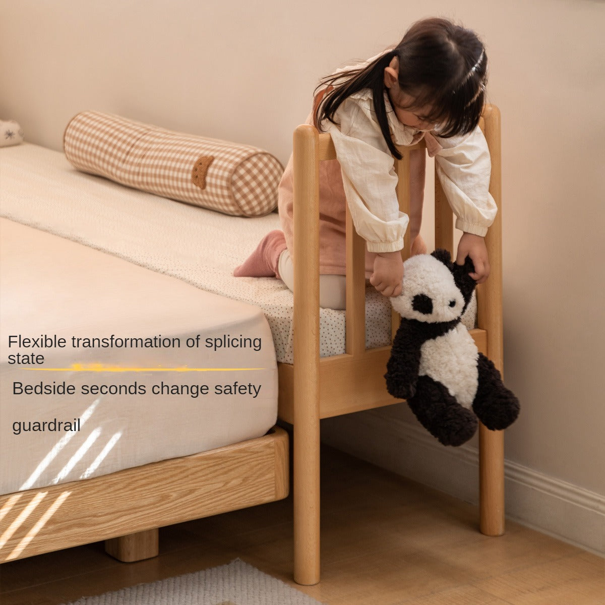 Beech Solid Wood Children's Splicing Bed with Guardrail