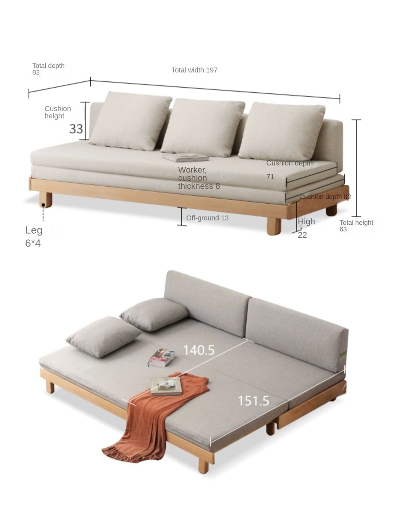 European Beech Solid Wood sofa bed retractable folding bed