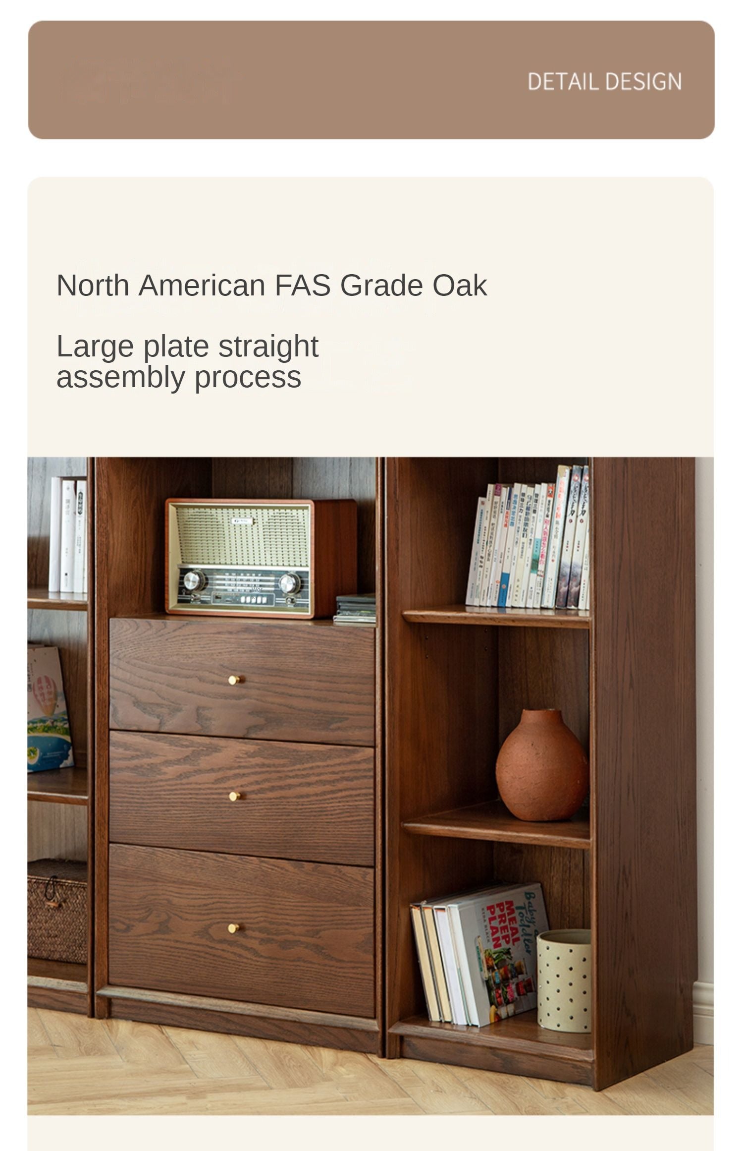 Oak Walnut solid wood cdust-proof glass door wall floor-to-ceiling bookshelf<