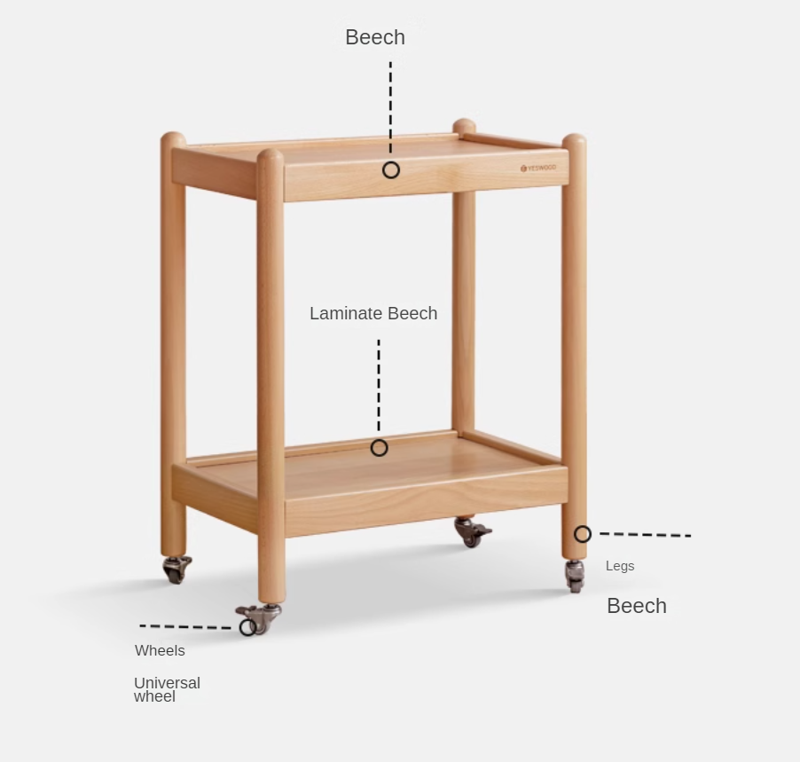 Beech Solid Wood Mobile Modern Double Layer Storage Side Table