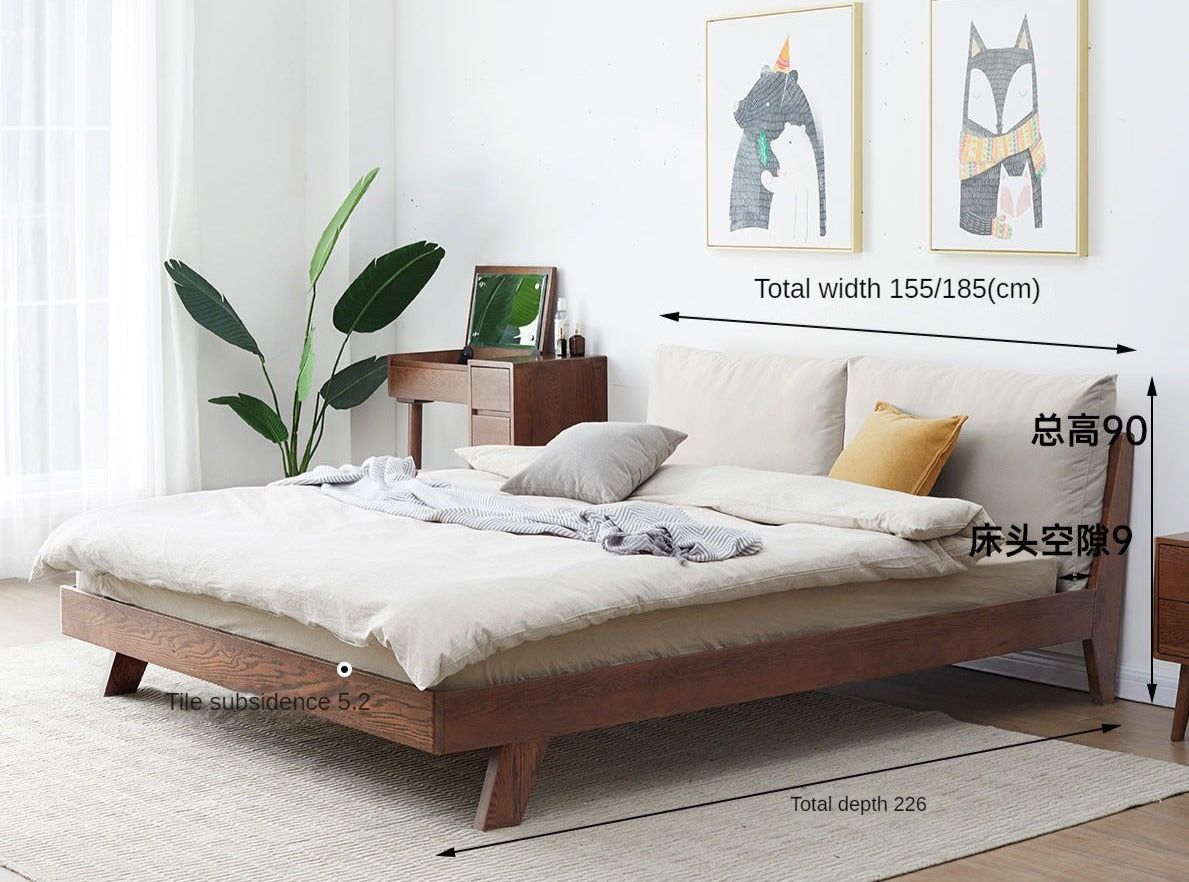 Solid Oak Wood Bed with Fabric Upholstery"_)