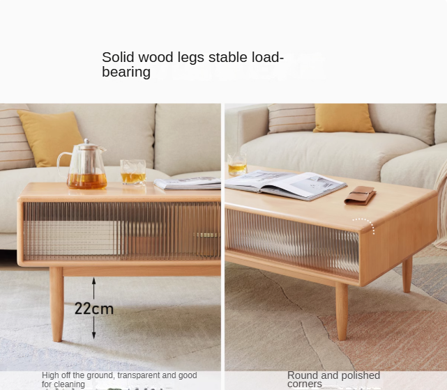 Beech Solid Wood Glass Sliding Door Coffee Table