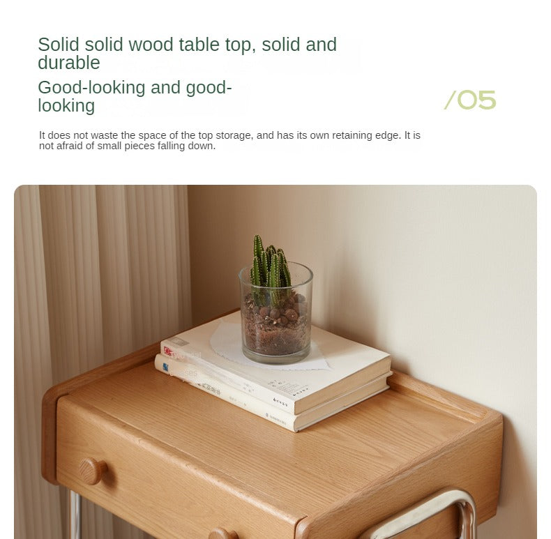 Oak Solid Wood Side Table with Wheels Movable