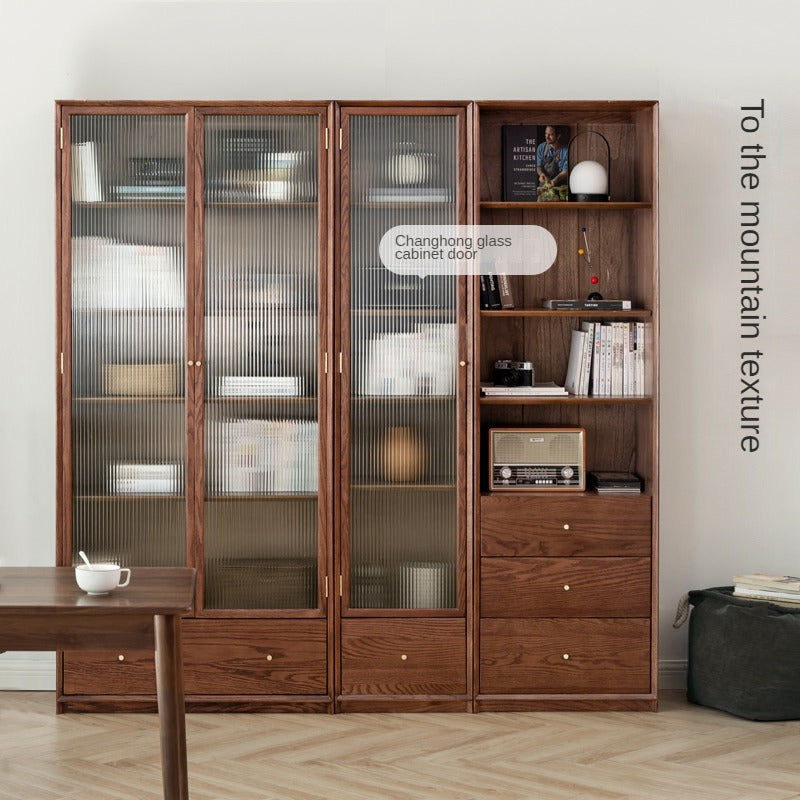 Oak Walnut solid wood cdust-proof glass door wall floor-to-ceiling bookshelf<