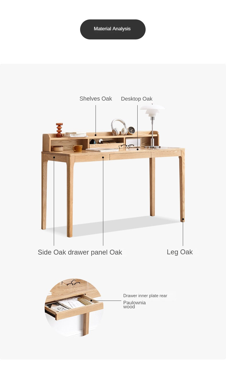 Oak solid wood office desk with shelf"