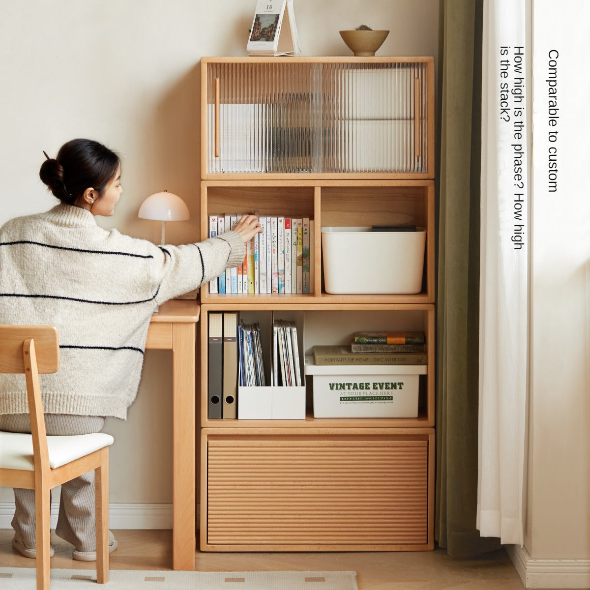 Beech Solid Wood Cream White Lattice Storage Low Bookcase