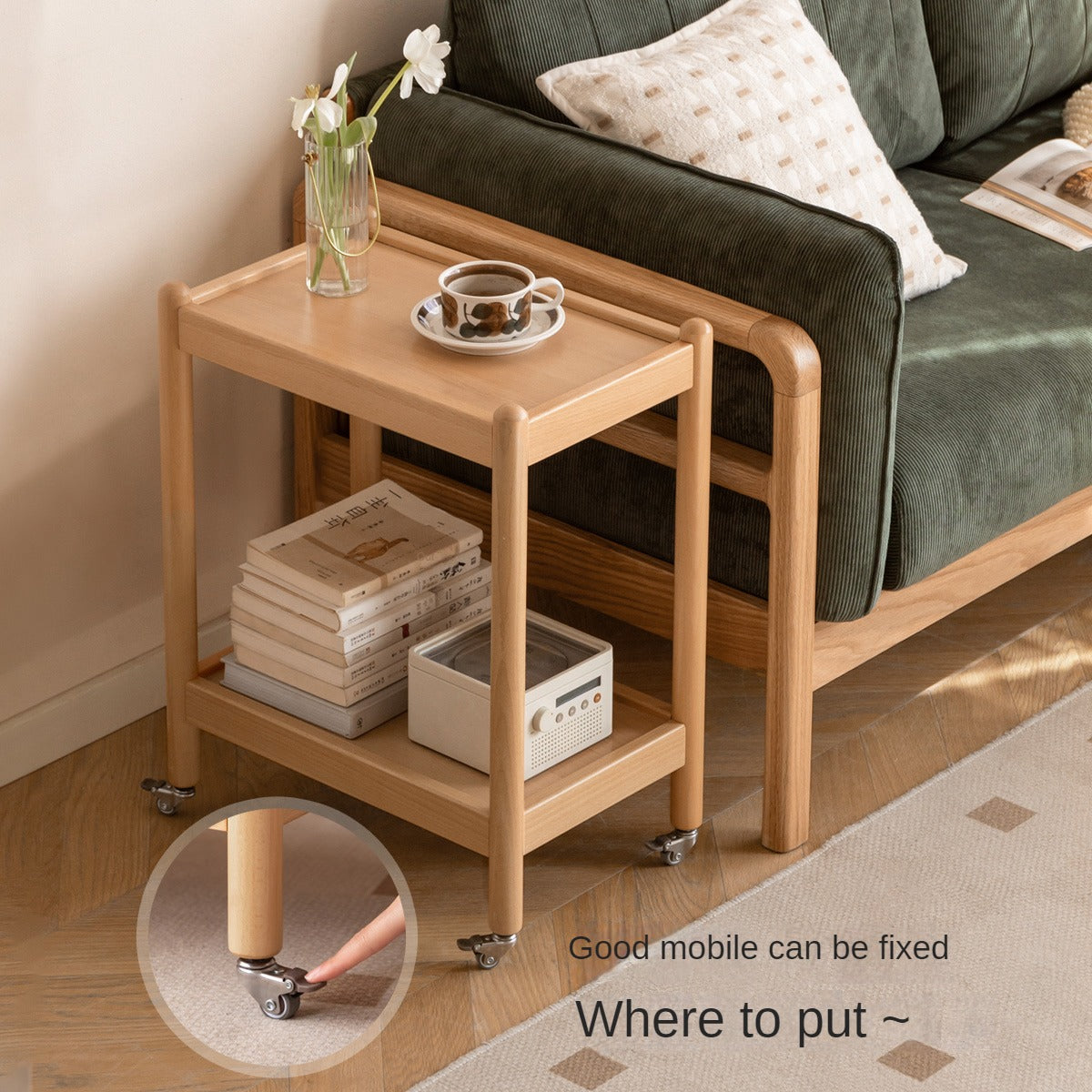 Beech Solid Wood Mobile Modern Double Layer Storage Side Table