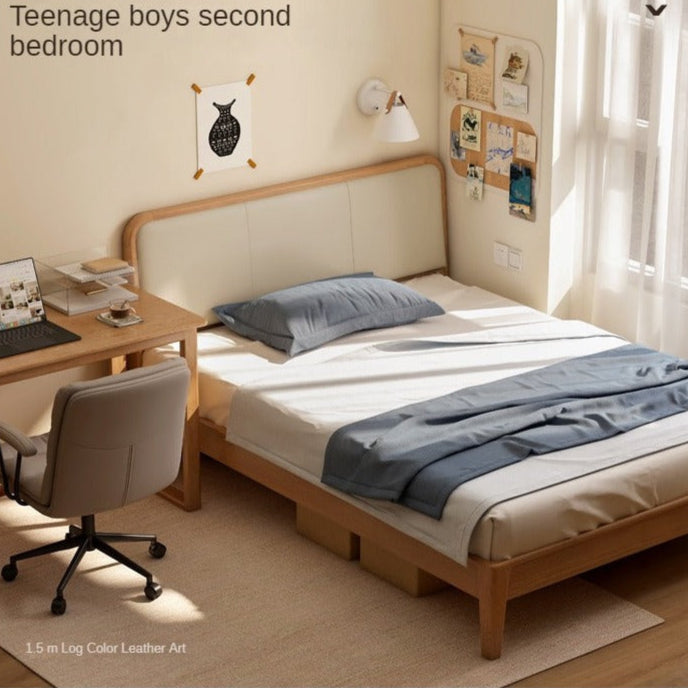 Oak Solid Wood Bed Modern Genuine Leather,Technology Cloth, Fabric