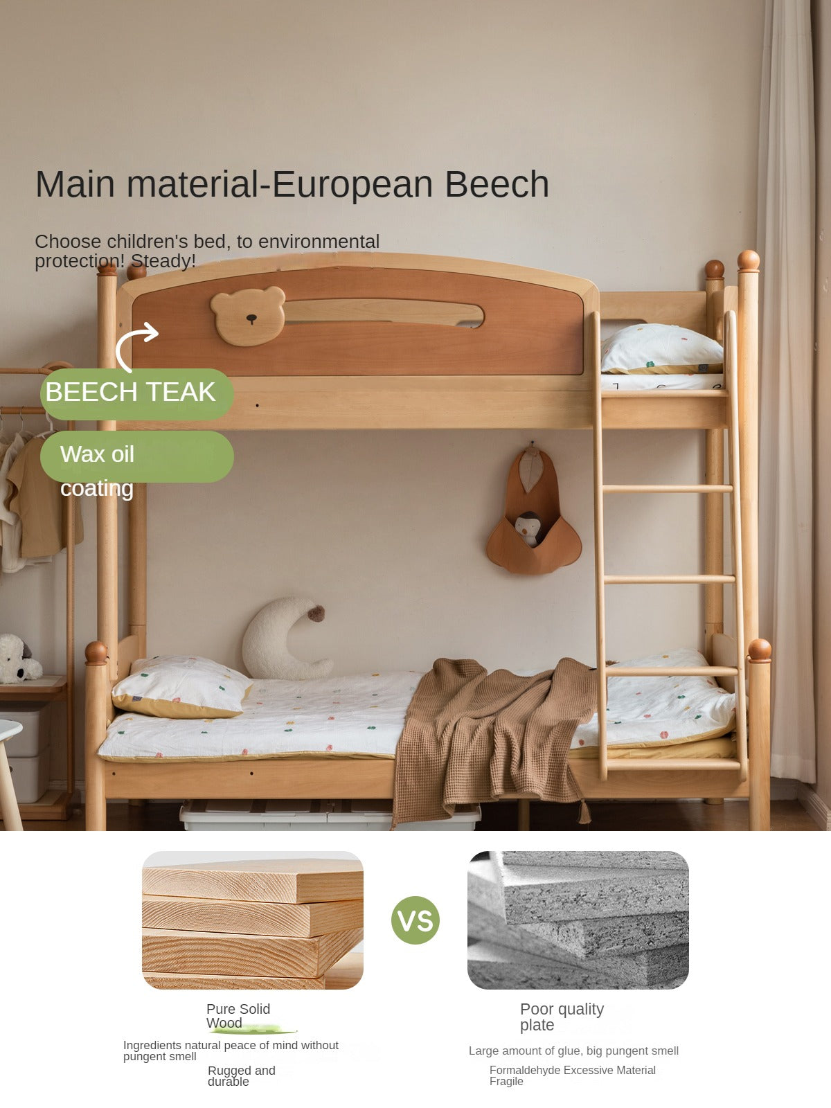 Beech solid wood children's bunk bed.