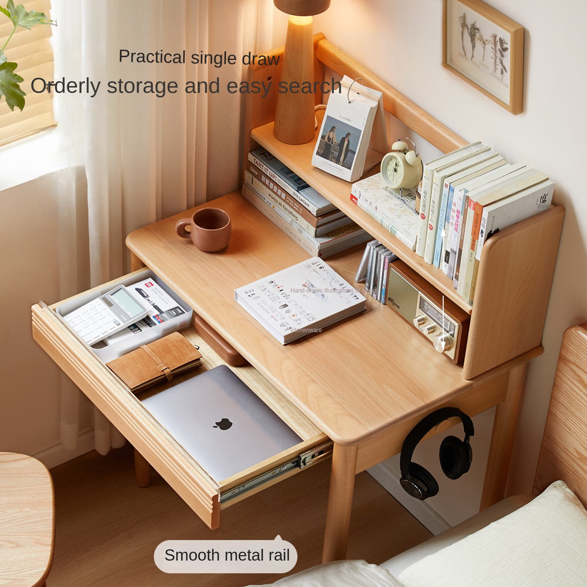 Beech Solid Wood Desk Bookshelf Integrated