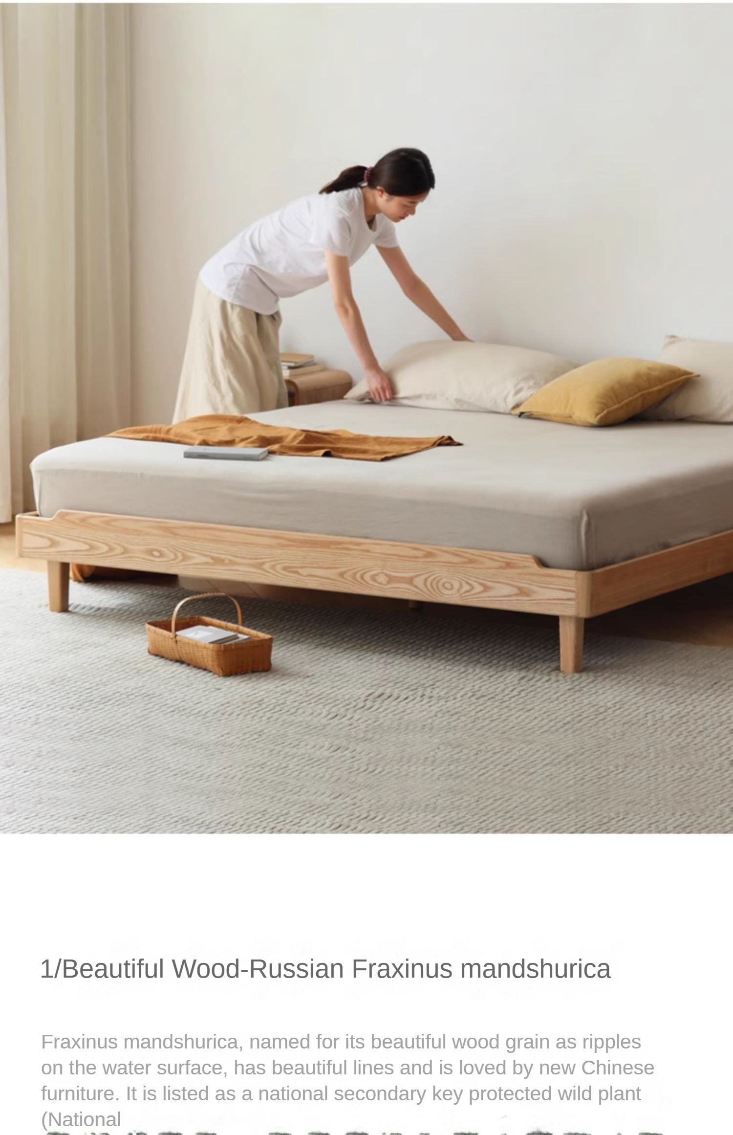 Ash Solid Wood Platform Bed, Headboard-Free Bed