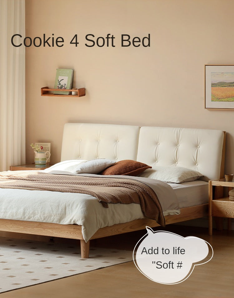 Oak solid wood leather soft bed cream style<