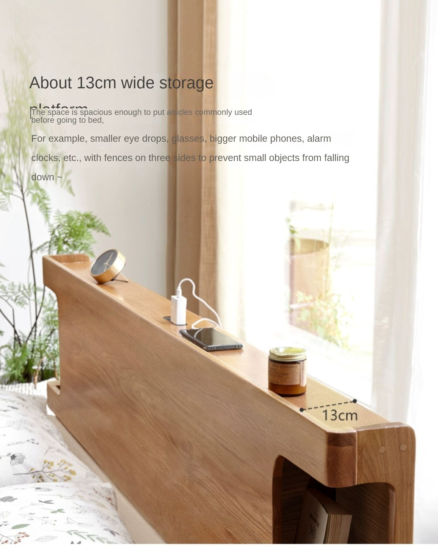 Oak solid wood luminous bed charger, shelf"