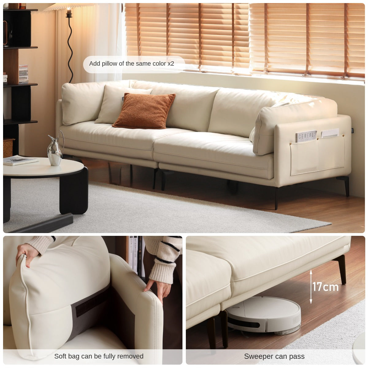 Fabric Straight Italian Down Sofa Cream Style