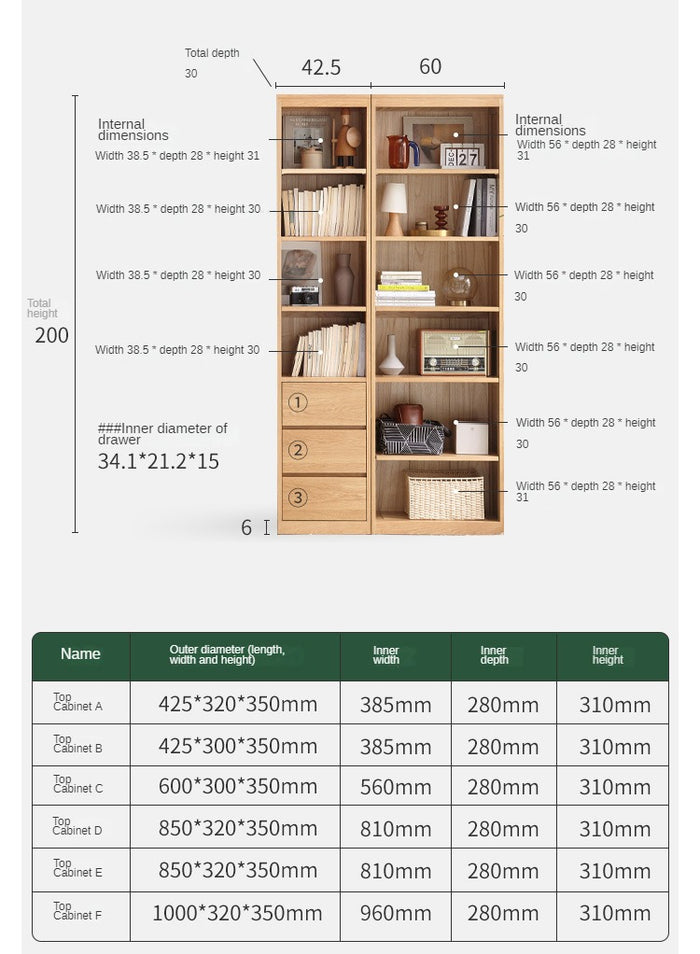 Oak, Solid Rubberwood Modern Bookcase with Glass Door Storage