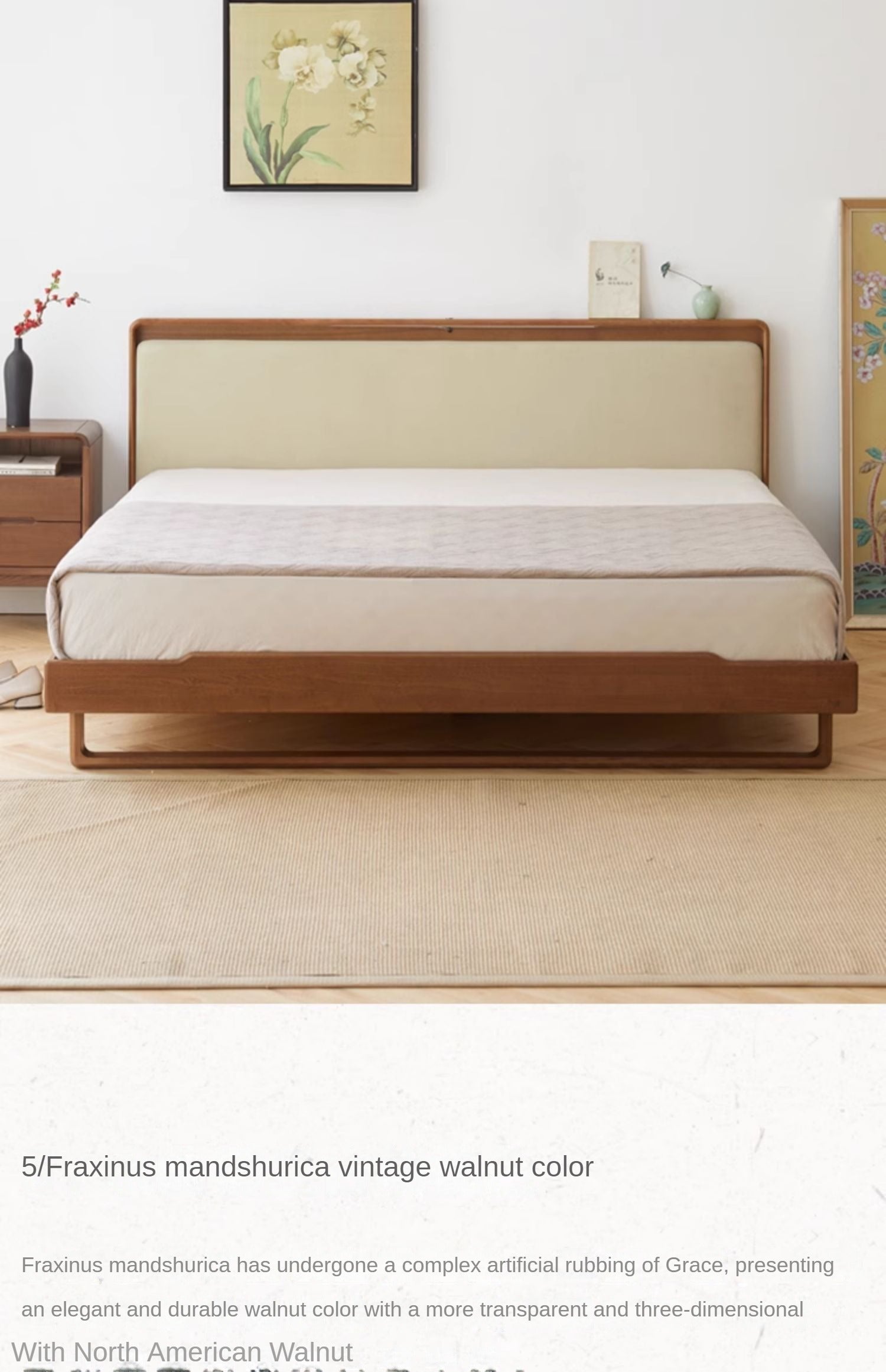 Ash solid wood leather soft bed simple modern<