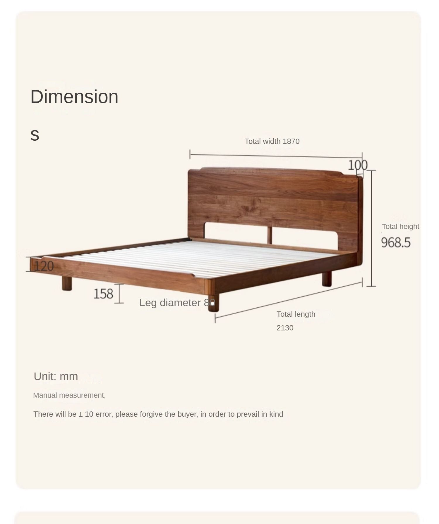 Black Walnut Solid Wood Big Bed with Light