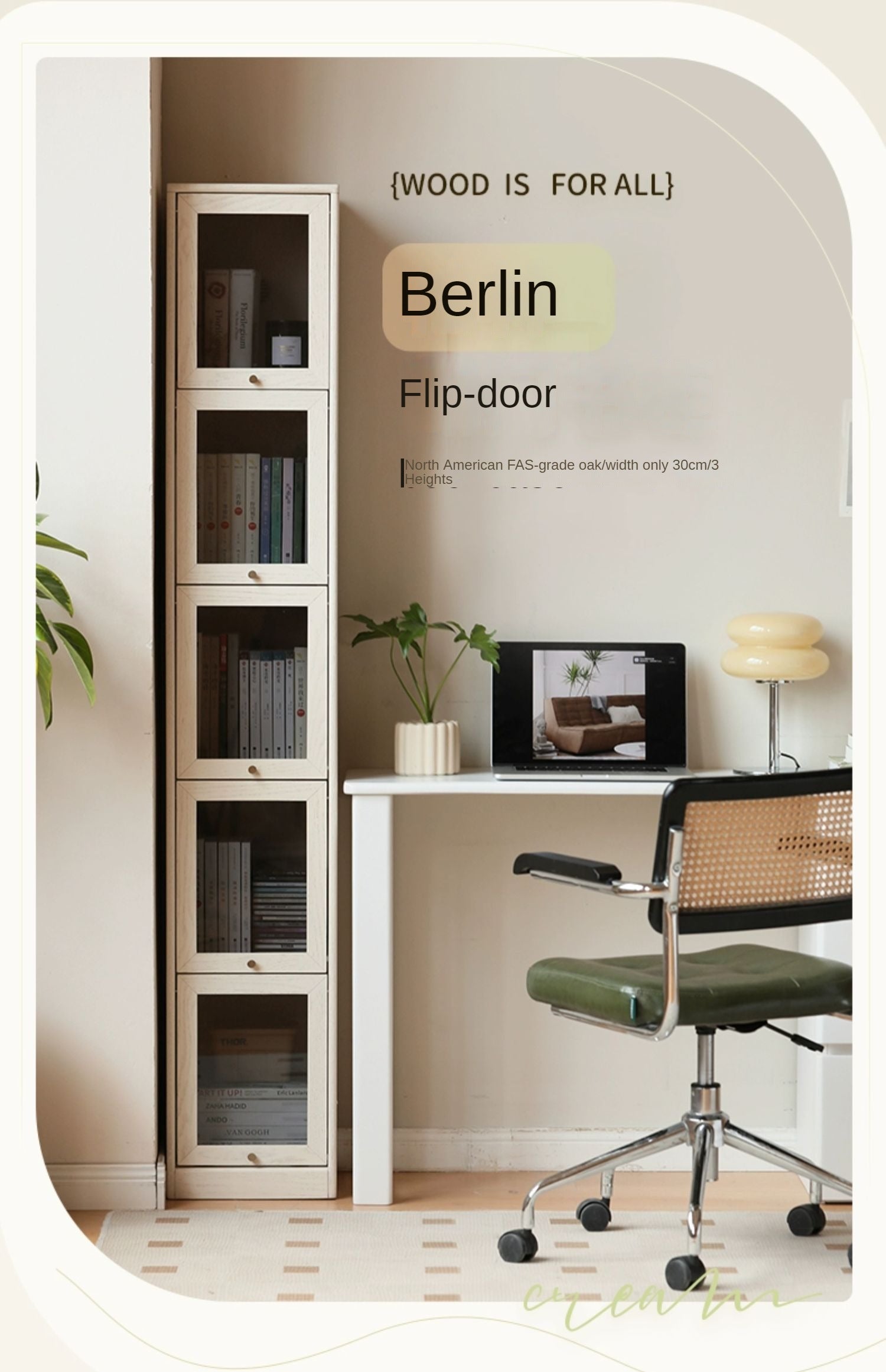Oak solid wood flip-door bookcase cream style narrow cabinet-