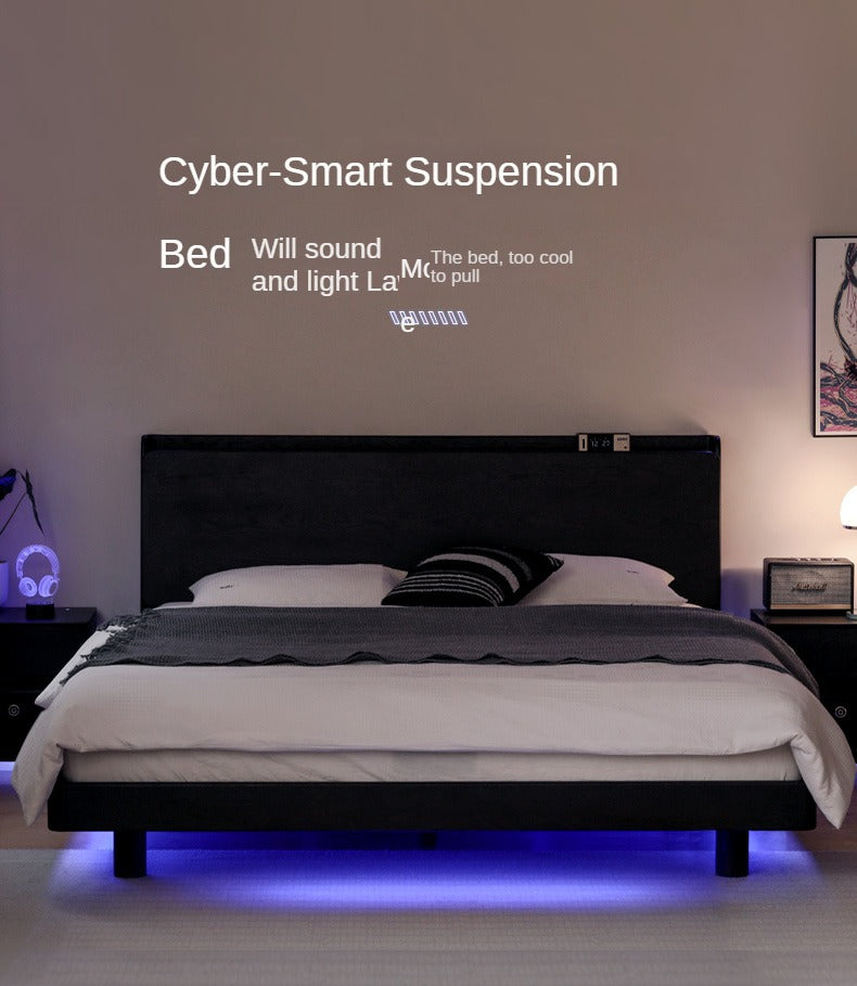 Oak Solid Wood Smart Cyberpunk Suspended Black Bed<