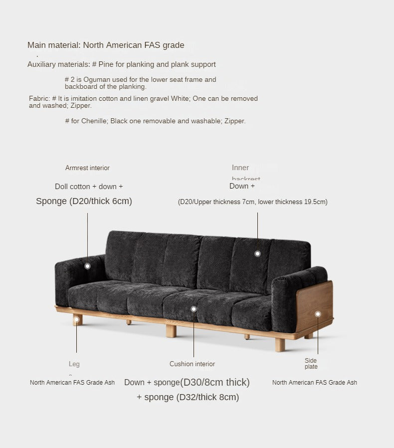 Black Walnut, Ash Solid Wood Modern Down Straight Sofa