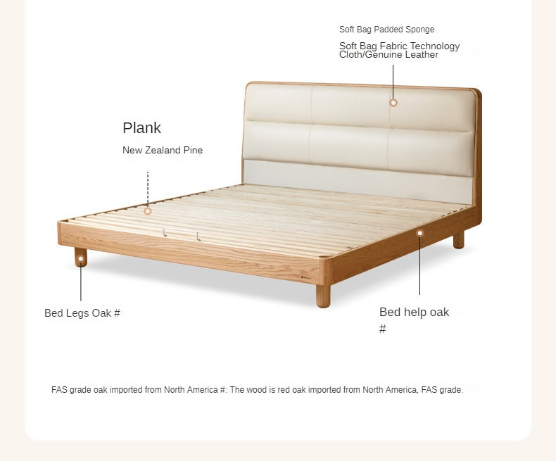 Oak solid wood genuine leather soft bed<