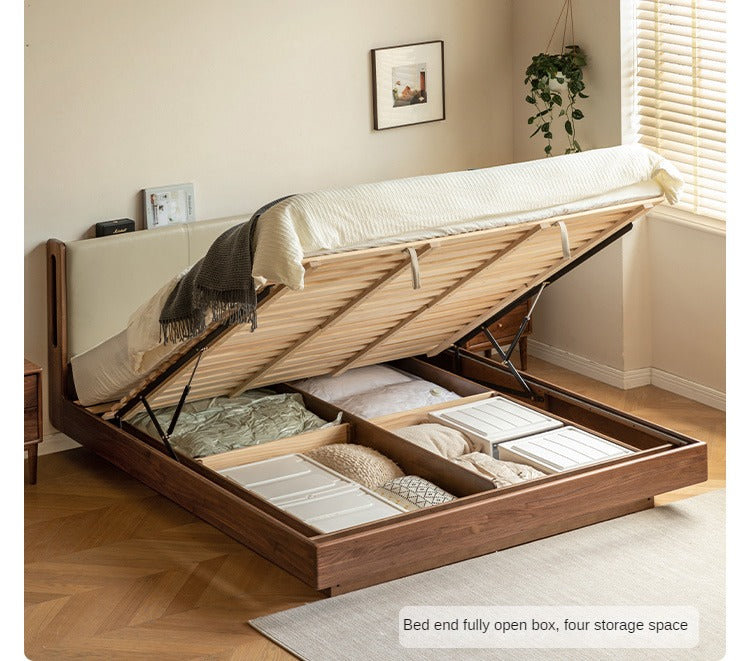 Black walnut solid wood leather suspended box bed<