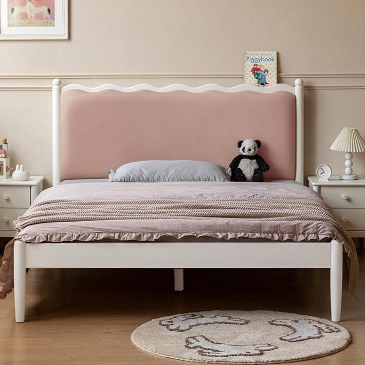 Rubber Wood Children's Bed with organic leather Cream Style.