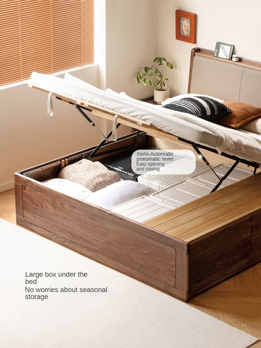 Black Walnut Solid Wood leather soft Drawer Box Bed Nordic<