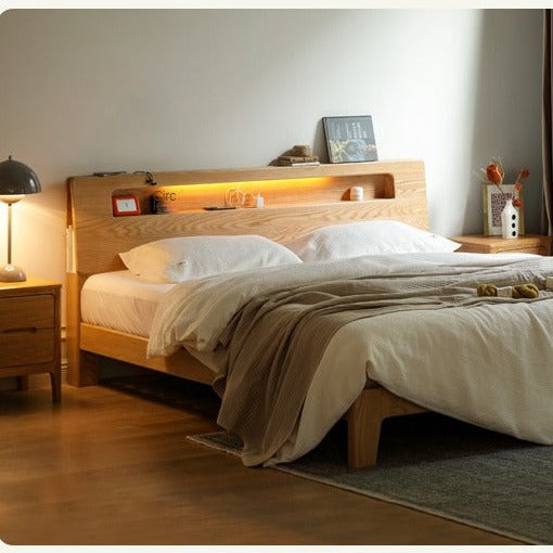 Oak, Beech solid wood bed with light and bookshelf+