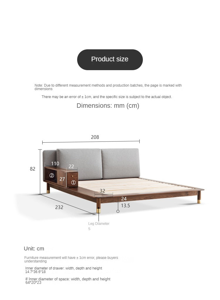 Black walnut solid wood light luxury multifunctional soft bed<