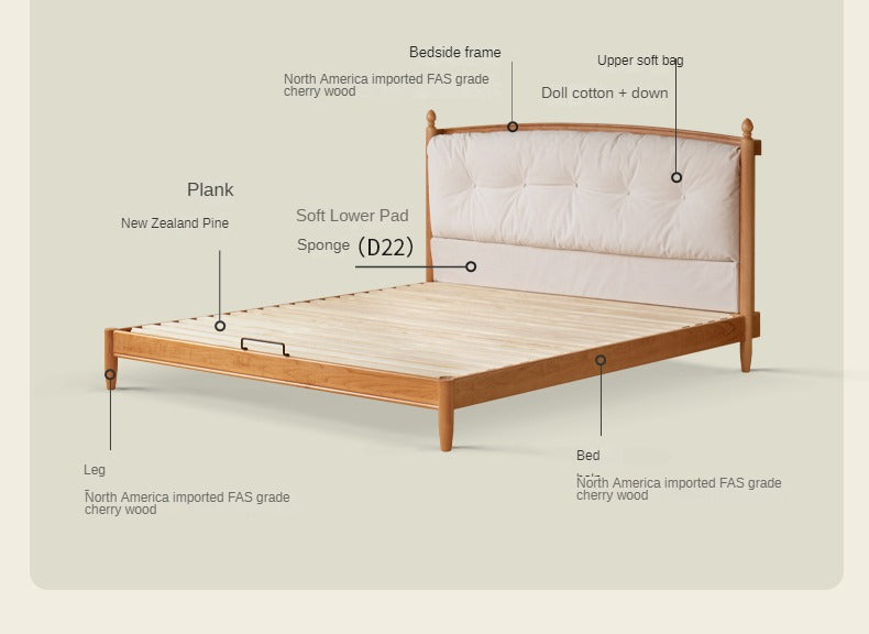 Cherry solid wood soft retro bed<